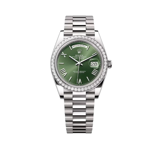 Day-Date 40 228349RBR White Gold Olive Green Dial Diamond Bezel