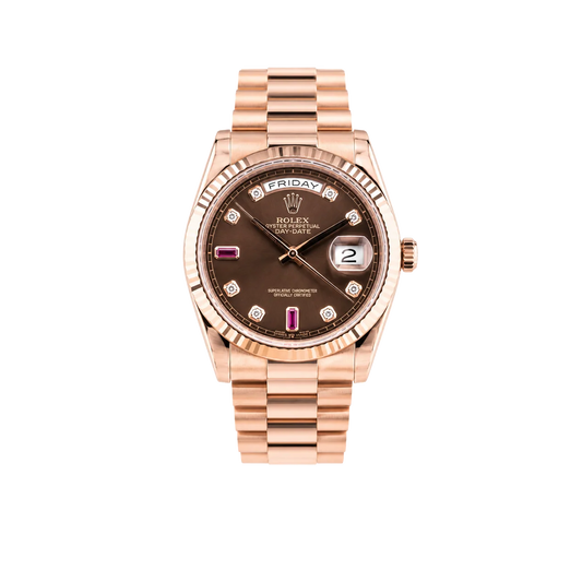 Day-Date 36mm Rose Gold 18K Chocolate Dial Ruby Diamond 118235