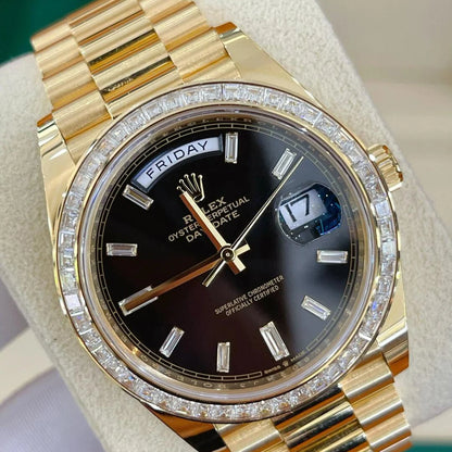 Day-Date 40mm Yellow Gold Black Baguette Diamond Dial Baguette Bezel m228398tbr-0001