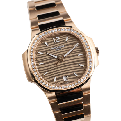 Nautilus Ladies 35mm 7118/1200R-010 Rose Gold Golden Dial Diamond Bezel