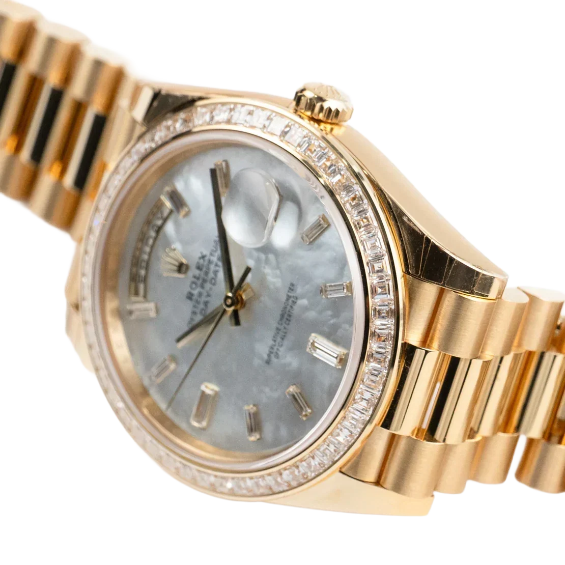 Day-Date 40 228398TBR Yellow Gold Mother of Pearl Diamond Baguette Dial and Bezel